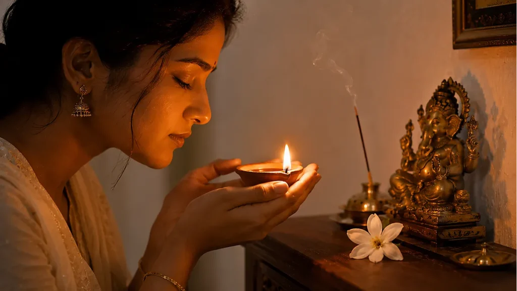 Simple five-item Panchopachara puja setup at home — beginner Hindu home altar with Ganesha, diya, incense and flowers on wooden shelf]