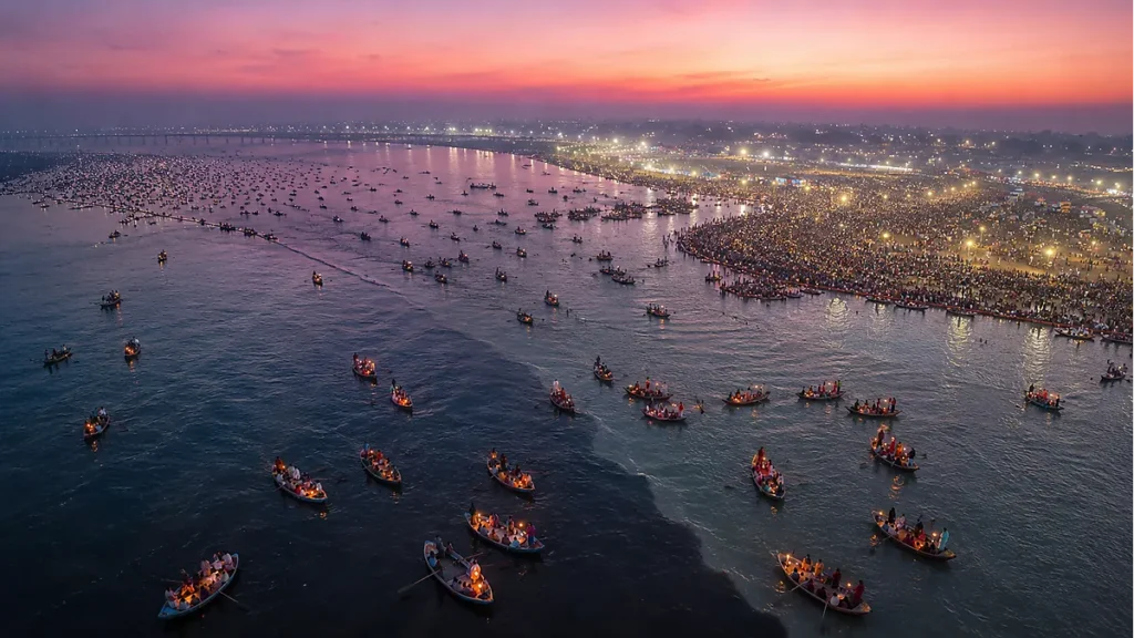 Aerial view of Triveni Sangam Prayagraj at pre-dawn with boats carrying devotees and floating diyas toward Ganga Yamuna confluence