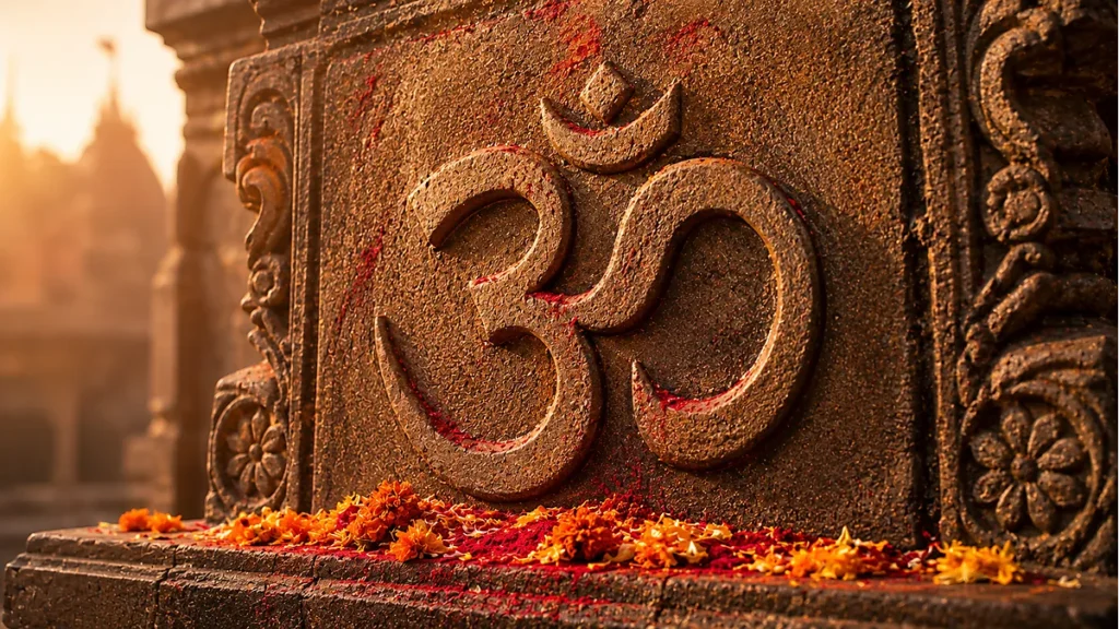 Ancient Om symbol carved in stone at Hindu temple with flowers and kumkum offerings at Prayagraj