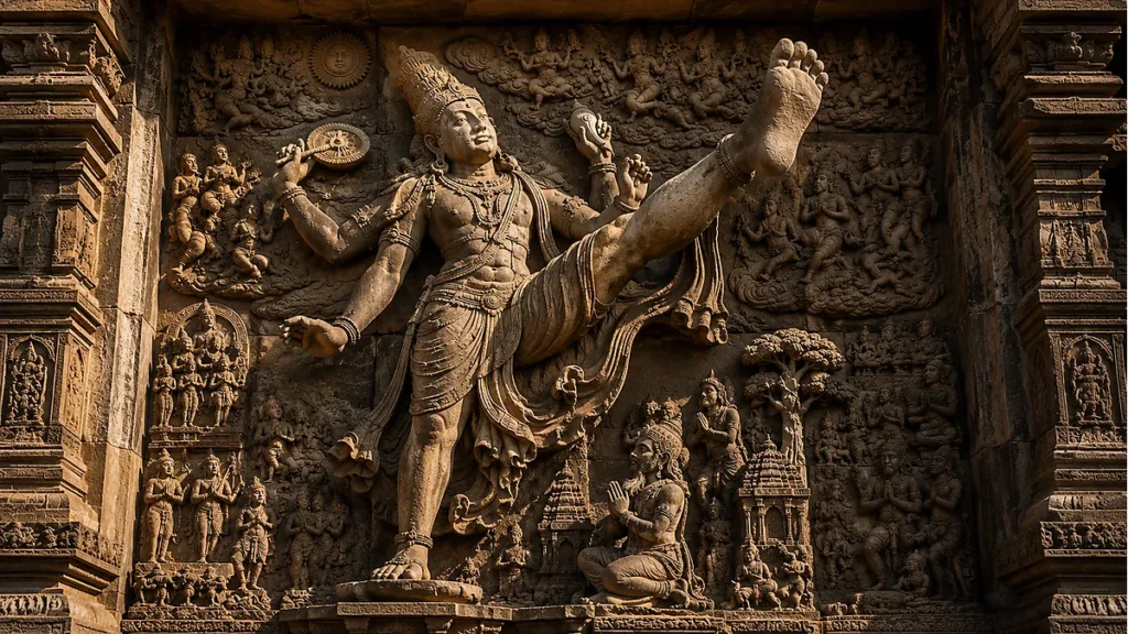 Ancient Trivikrama sculpture showing Vishnu measuring the three worlds in giant strides