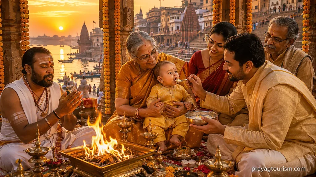 Annaprāśana ceremony at Kedar Ghat Varanasi — infant's first rice feeding ritual with sacred fire, priest, kheer offering, and three generations of Hindu family gathered in prayer at the sacred ghats of Kashi. 