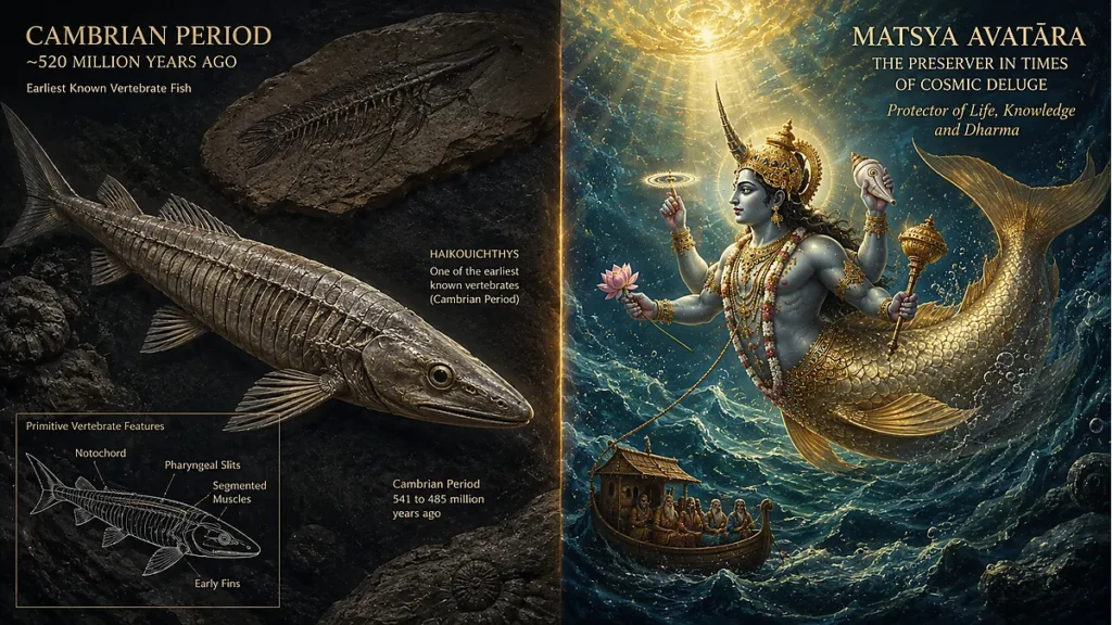 Split image comparing Cambrian period vertebrate fossil with Matsya Avatar devotional art