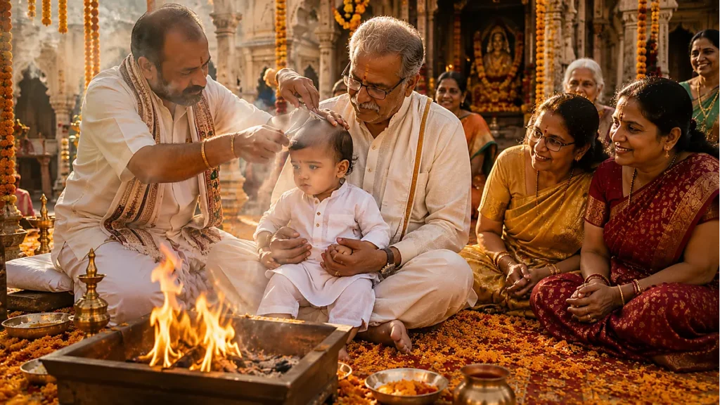 Chudakarana ceremony — Hindu first haircut ritual for toddler in Varanasi with grandfather at temple courtyard and sacred fire