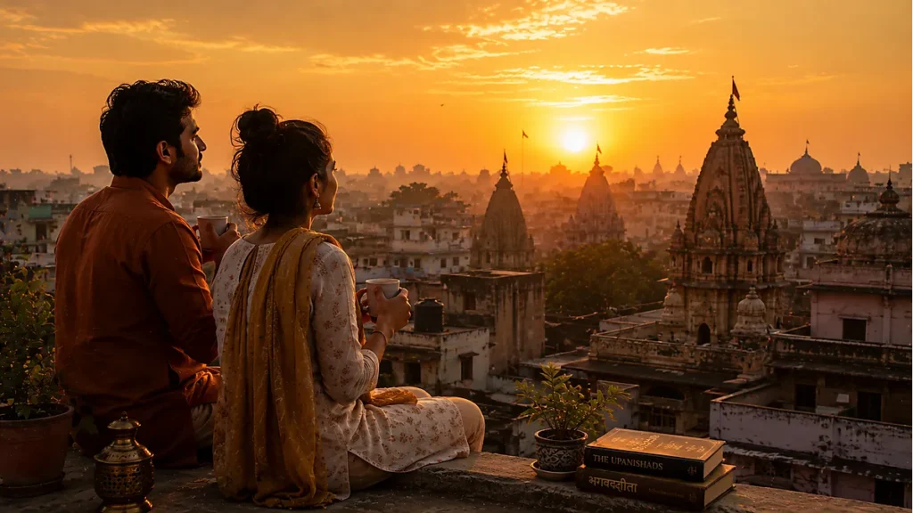  Young couple watching sunrise from rooftop India — modern practice of Sanatana Dharma morning ritual in urban life