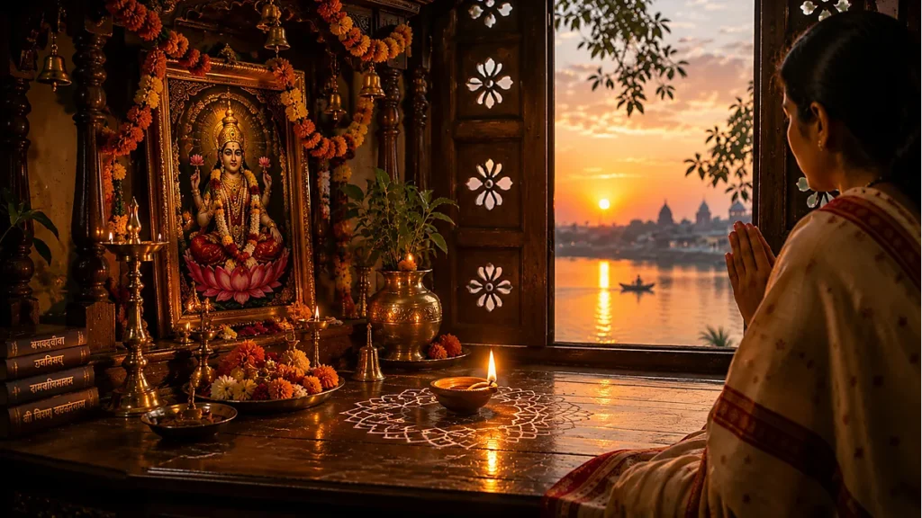 Dīpa Prajvālana Traditional Hindu diya lamp glowing during evening prayer ritual