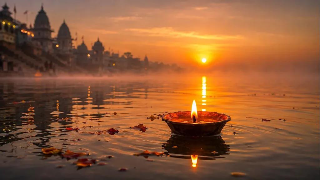 Diya flame on the Ganga at dawn — symbolic of individual consciousness awakening to cosmic light in Sanatan Dharma