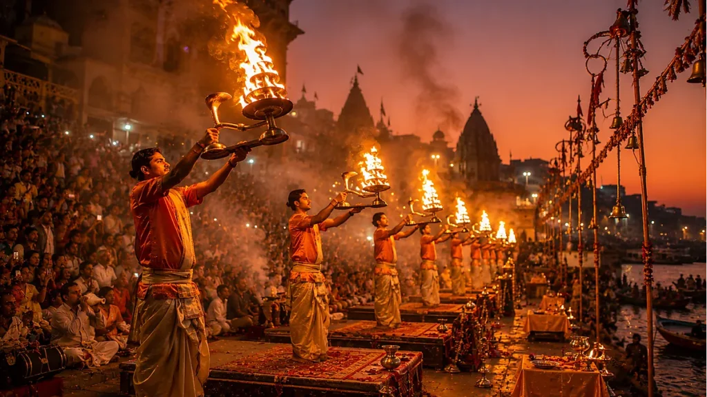Ganga Aarti ceremony at Varanasi with priests holding flaming brass lamps and devotees chanting Om at sunset on Ganga ghats