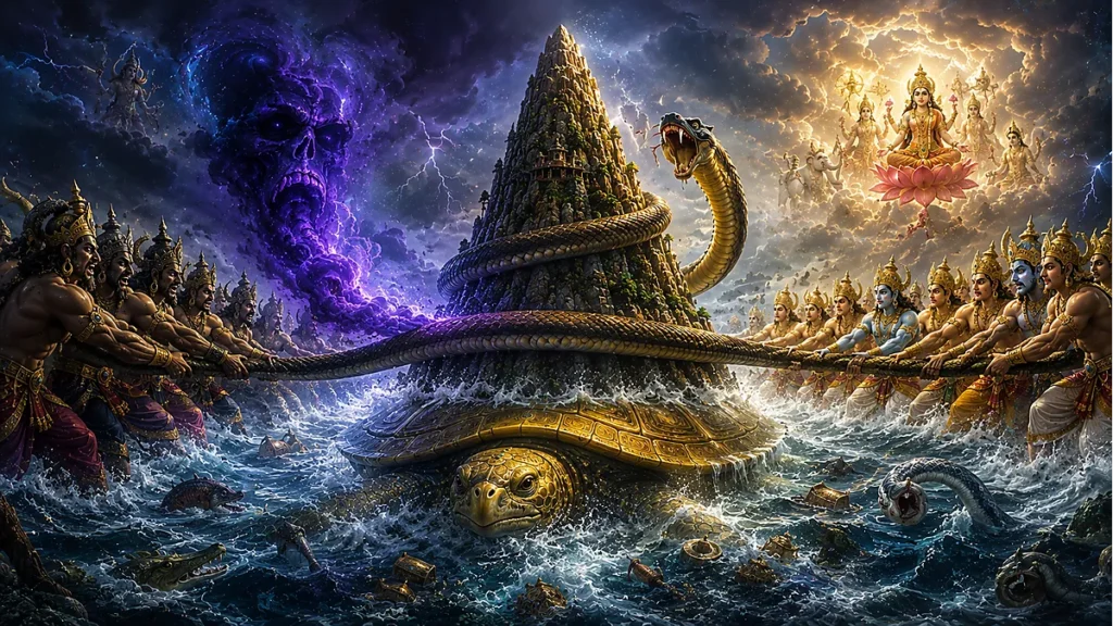 Halahala poison rising during the Samudra Manthana as Devas and Asuras churn the ocean