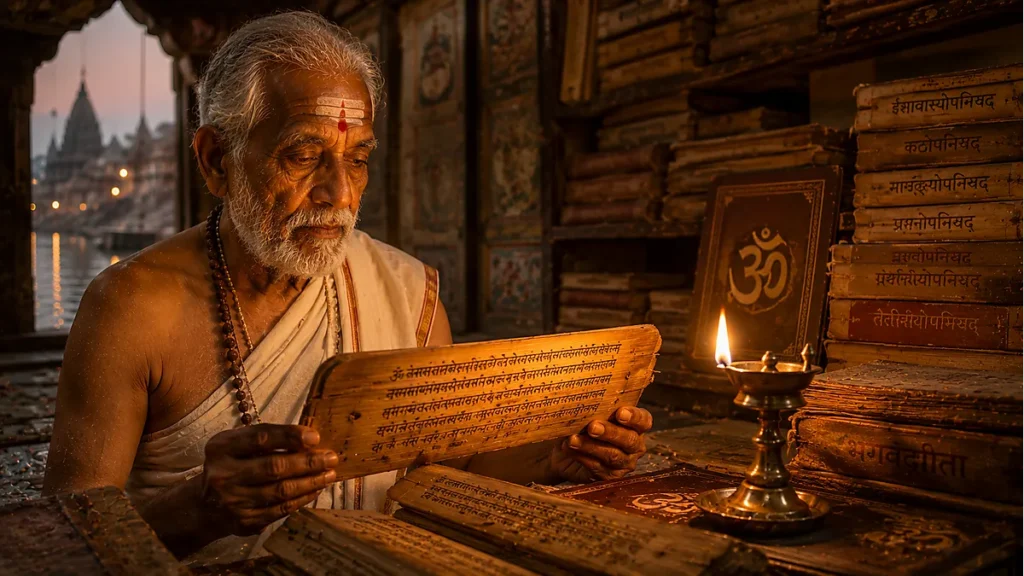 Hindu pandit reading ancient Sanskrit Upanishad palm leaf manuscript with Om inscription under oil lamp in Varanasi