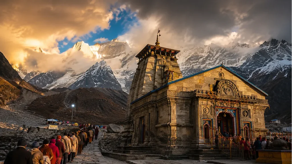 Kedarnath Jyotirlinga temple with snow Himalayan peaks and pilgrims on sacred trekking path in Uttarakhand India