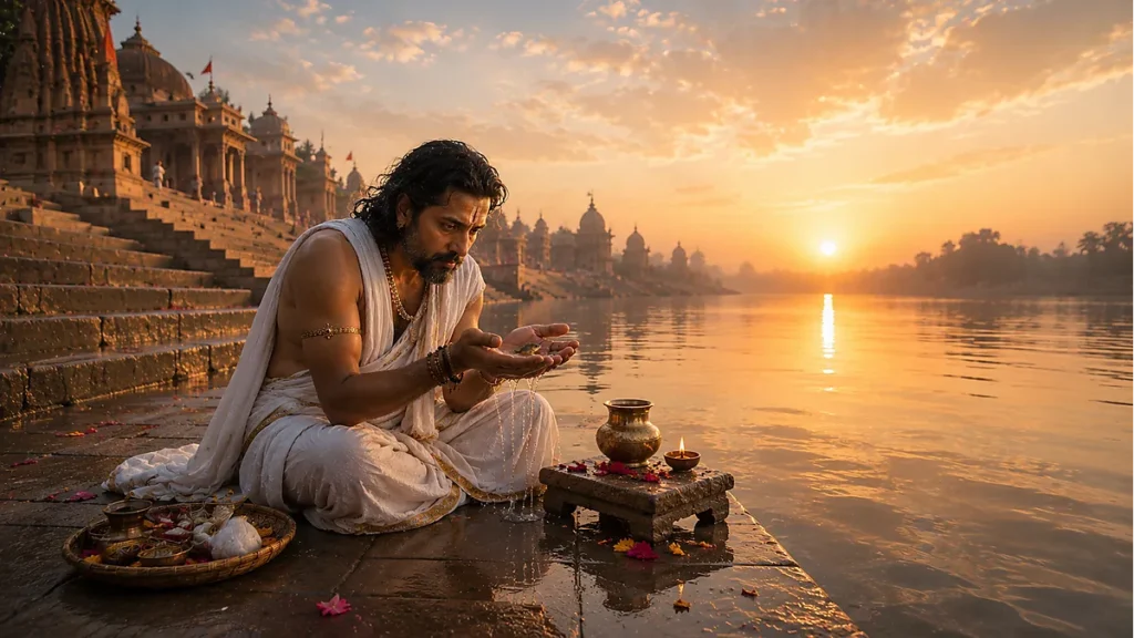 King Satyavrata discovering the tiny divine fish in his cupped palms during morning ritual at dawn