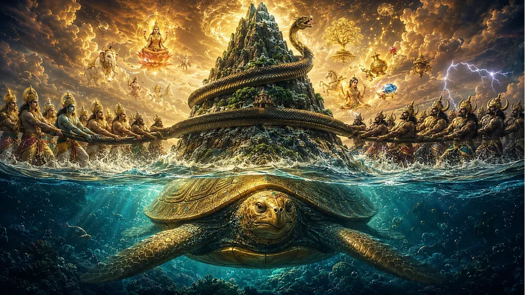 Kūrma Avatar as the divine tortoise supporting Mount Mandara during the churning of the ocean of milk