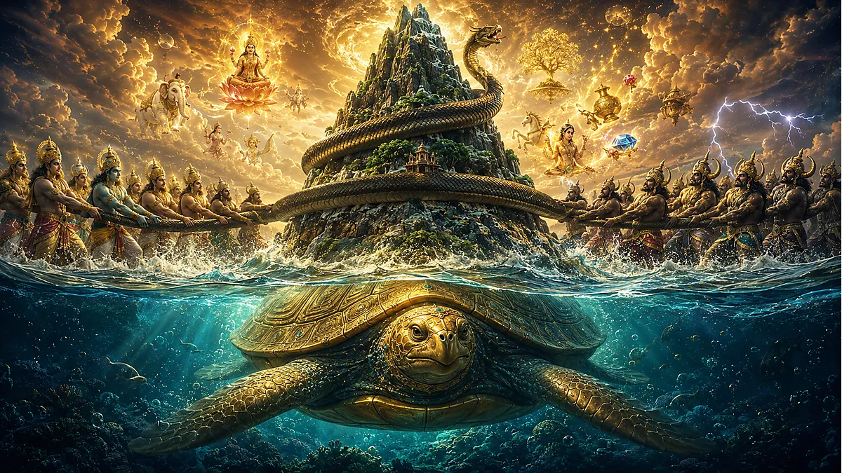 Kūrma Avatar as the divine tortoise supporting Mount Mandara during the churning of the ocean of milk