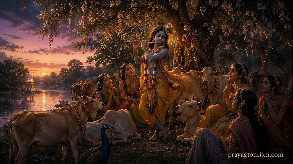 Lord Krishna performing the divine Rasa Lila dance with the Gopis in Vrindavan