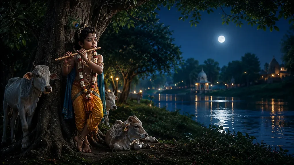 Lord Krishna playing flute in Vrindavan under moonlight with cows and Yamuna