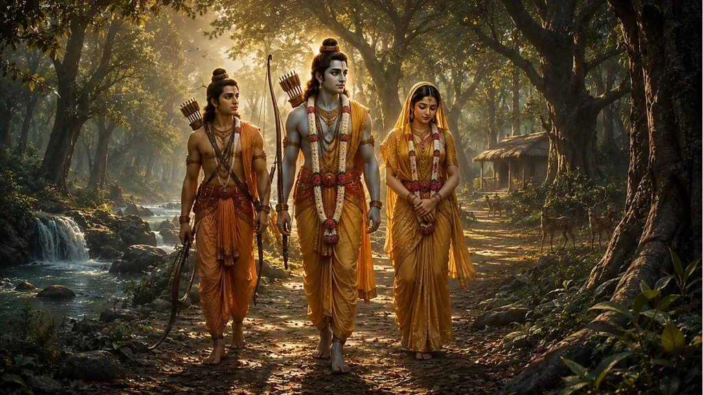 Lord Rama, Sita, and Lakshmana in the forest during exile