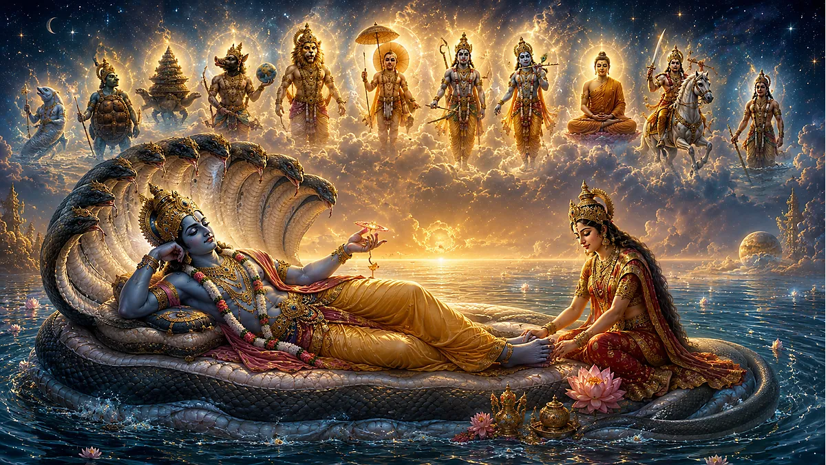 Lord Vishnu in Ananta Shayana on cosmic serpent Shesha with Lakshmi and the Ten Avatars in celestial background