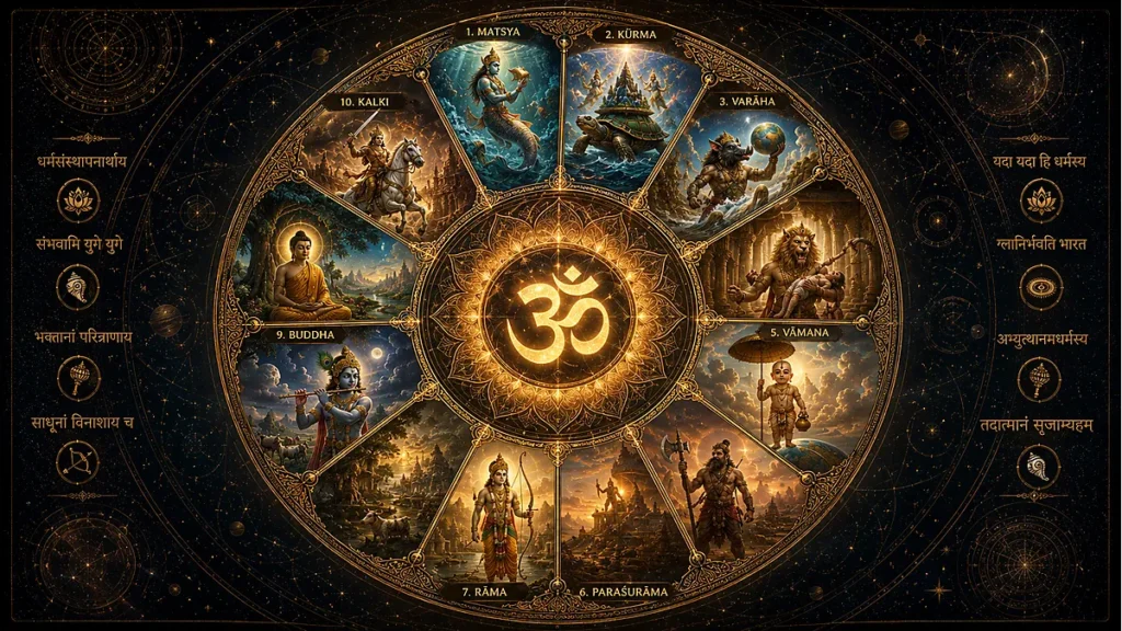 Mandala of the Ten Avatar in Hinduism around the sacred Om symbol