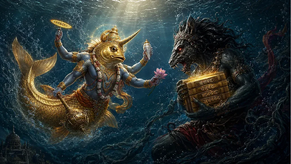 Matsya Avatar confronting the demon Hayagriva to rescue the Vedas in the cosmic ocean