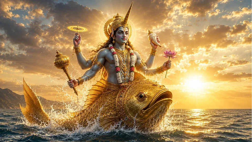 Matsya Avatar divine fish form of Lord Vishnu rising from the ocean with four arms and divine horn