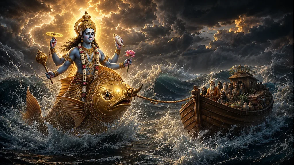 Matsya Avatar golden divine fish of Lord Vishnu guiding Manu's ark through the cosmic flood at twilight