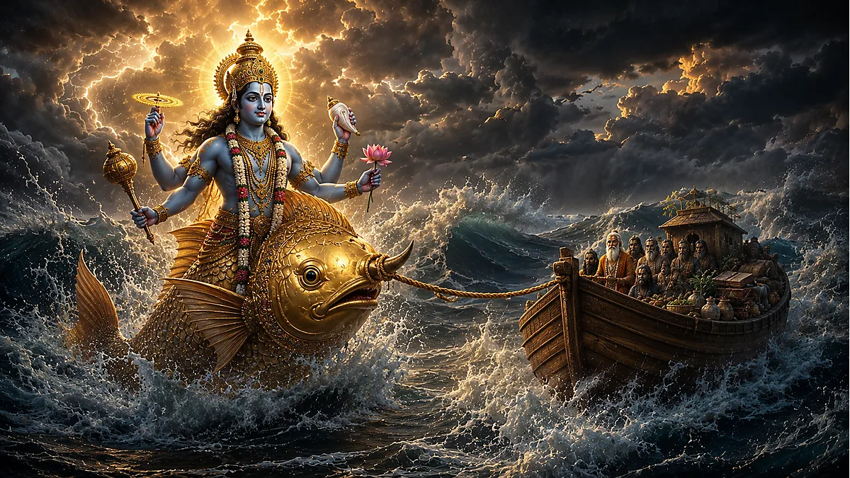 Matsya Avatar golden divine fish of Lord Vishnu guiding Manu's ark through the cosmic flood at twilight