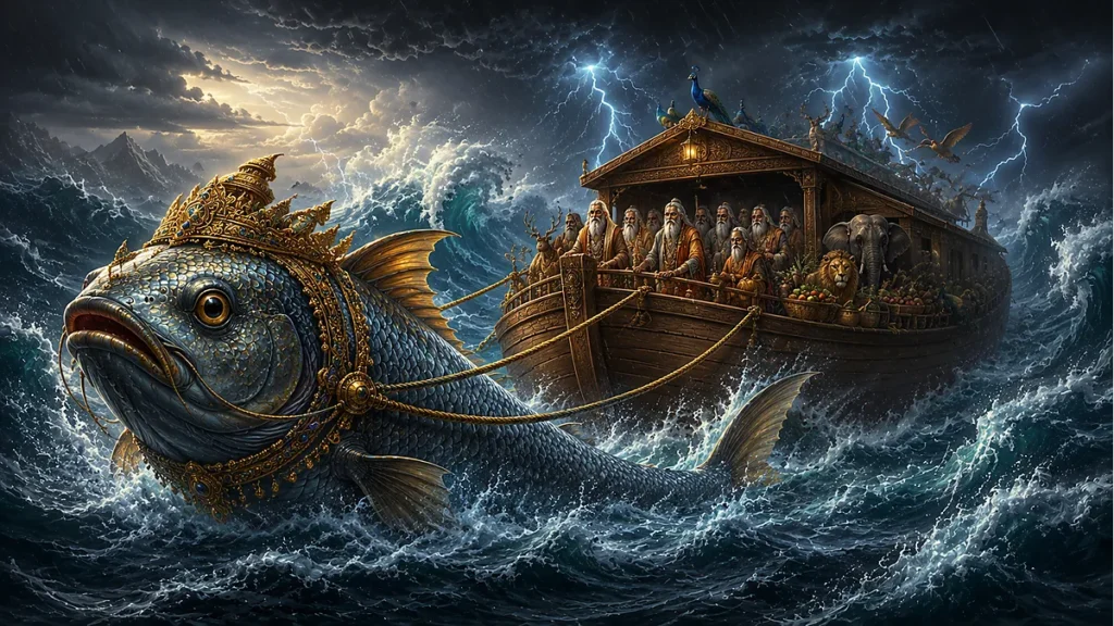 Matsya Avatar guiding the ark through the cosmic flood