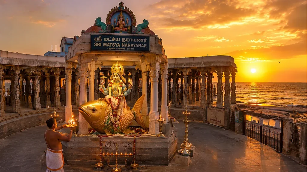 Matsya Narayana Temple at Uthandi Chennai with ocean backdrop during evening sunset worship