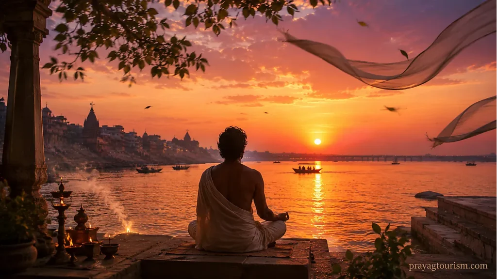 Meditation by the river at sunset