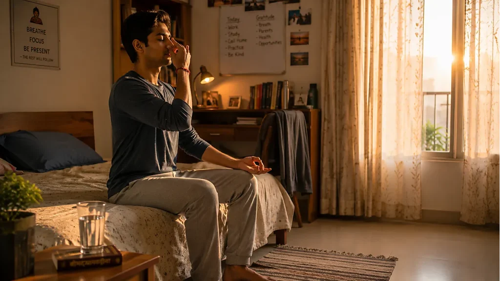 a person sitting on the edge of their bed in the morning, still in comfortable clothes, feet flat on the floor, back upright, eyes closed, one hand raised to the nose in the Nāḍī Śodhana position