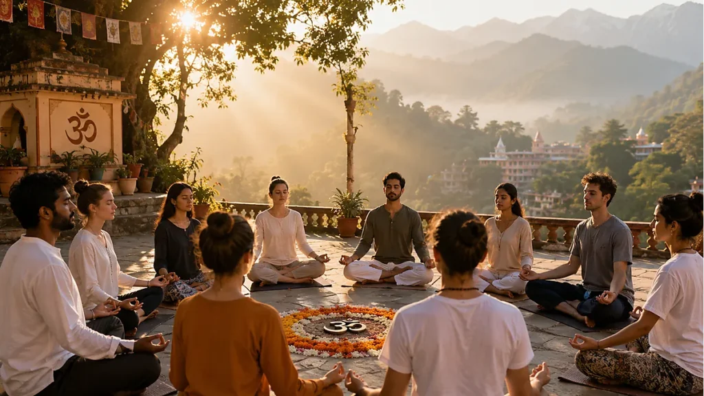 Yoga students practicing Om meditation in open-air ashram courtyard in Rishikesh with Himalayan mountains in background during morning session