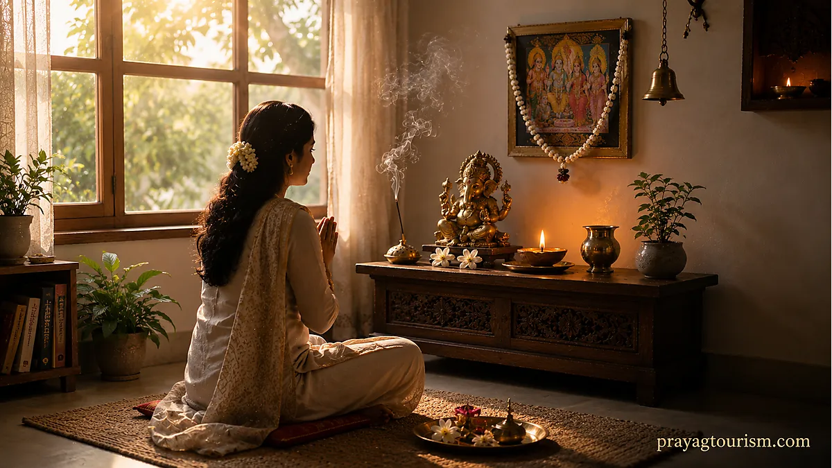 Simple home puja space with brass Ganesha idol, lit clay diya, incense, and jasmine flowers on wooden shelf — beginner Hindu home worship altar with morning light