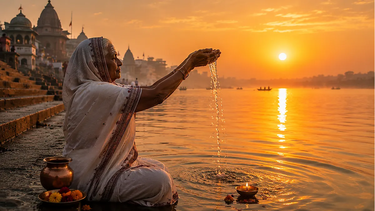 Devotee offering Surya Arghya at Triveni Sangam Prayagraj at sunrise — spiritual significance of dawn in Sanatan Dharma