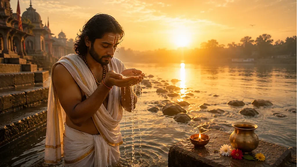 Morning ritual of holding water in cupped palms with morning light and diya flame as Matsya meditation