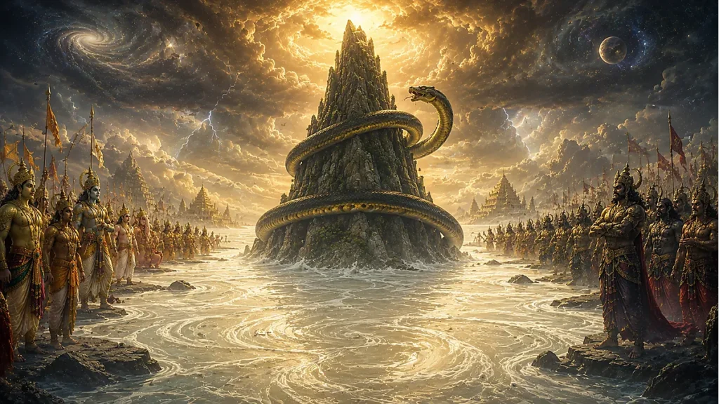 Mount Mandara and Vāsuki prepared for the Samudra Manthana in the Ocean of Milk