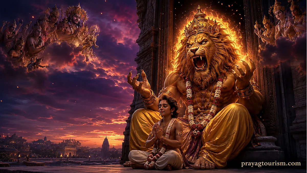 Lord Narasimha emerging from the pillar to protect Prahlada and defeat Hiranyakashipu