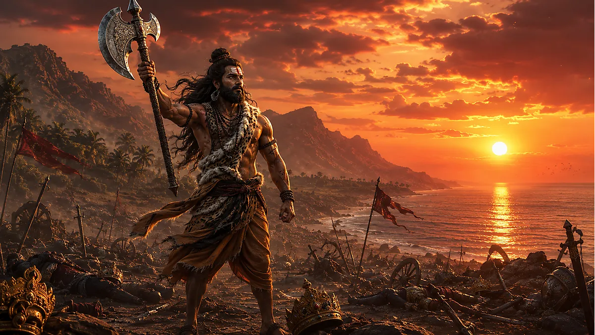 Lord Parashurama Avatar standing with divine axe before the Sahyadri hills after restoring dharma