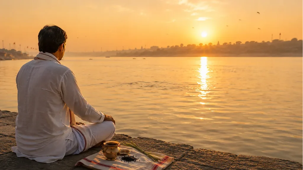 Peaceful Tarpana in Hinduism ritual completed by a devotee at the riverbank with sunrise light