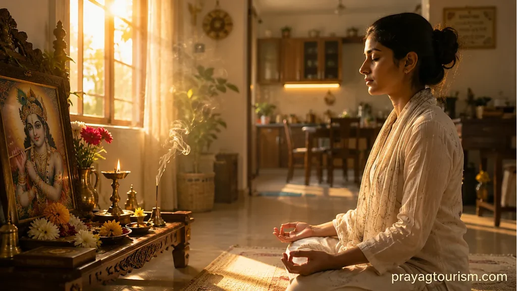 Traditional Hindu morning prayer with diya and home altar at sunrise