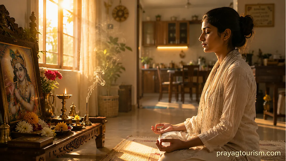 Traditional Hindu morning prayer with diya and home altar at sunrise