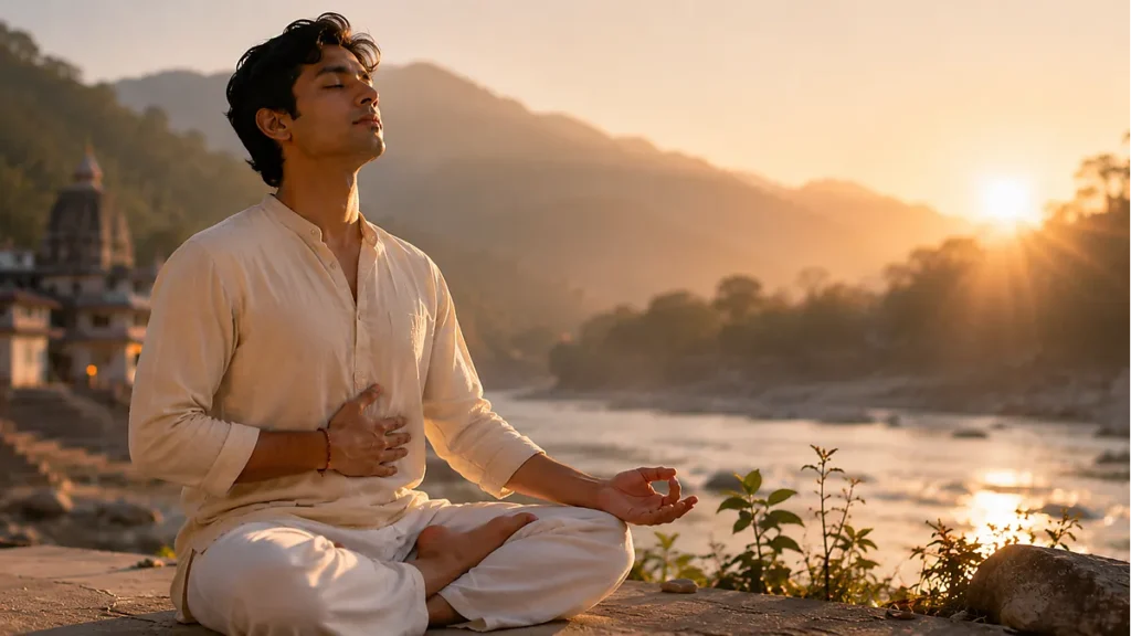 Person practicing pranayama breathing meditation at sunrise
