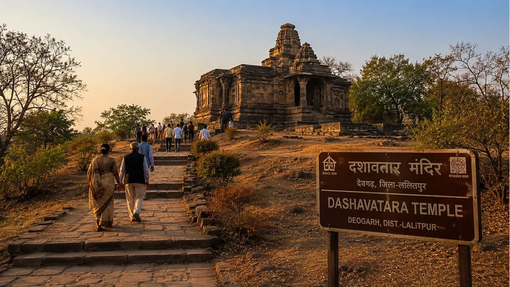 Pilgrims approaching the Dashavatara Temple at Deogarh in warm sunlight