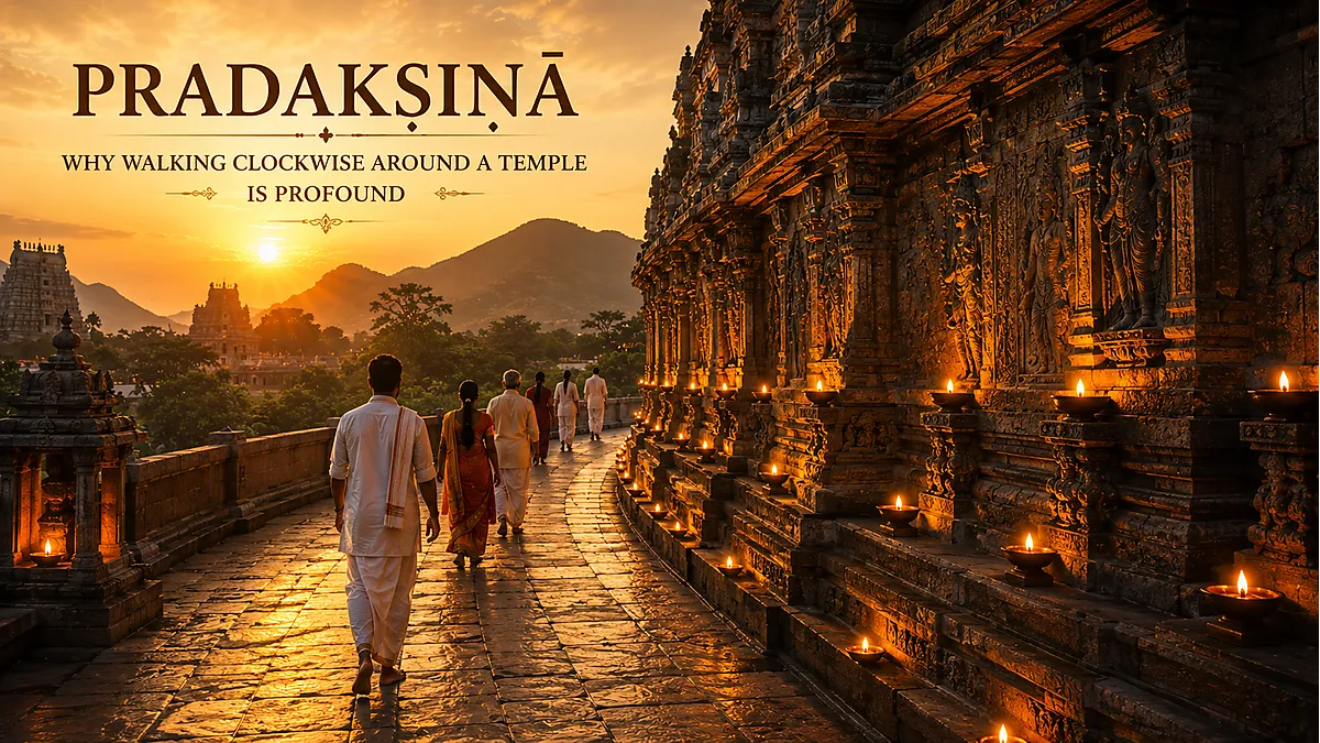 Devotees performing Pradakshina around Hindu temple sanctum