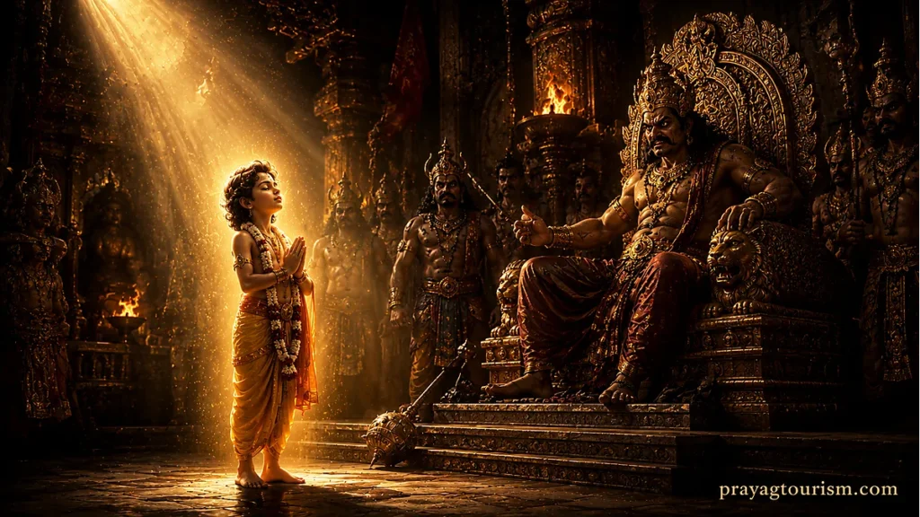 Prahlada standing fearlessly before Hiranyakashipu's throne while chanting Vishnu's name, with divine light surrounding him.