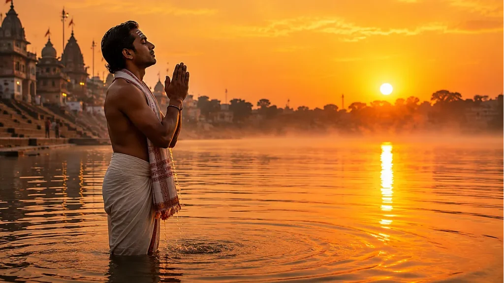 Vedic Brahmin performing Sandhyavandana sunrise ritual at the Ganga — Surya worship tradition in Hinduism