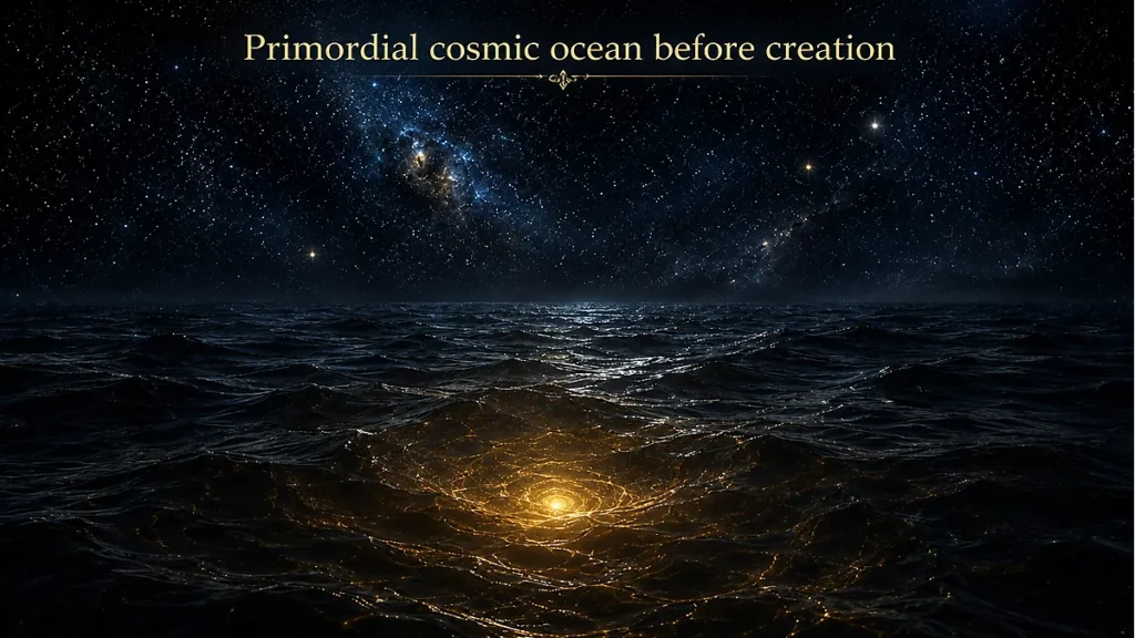 Primordial cosmic ocean before creation with divine golden light beneath the surface