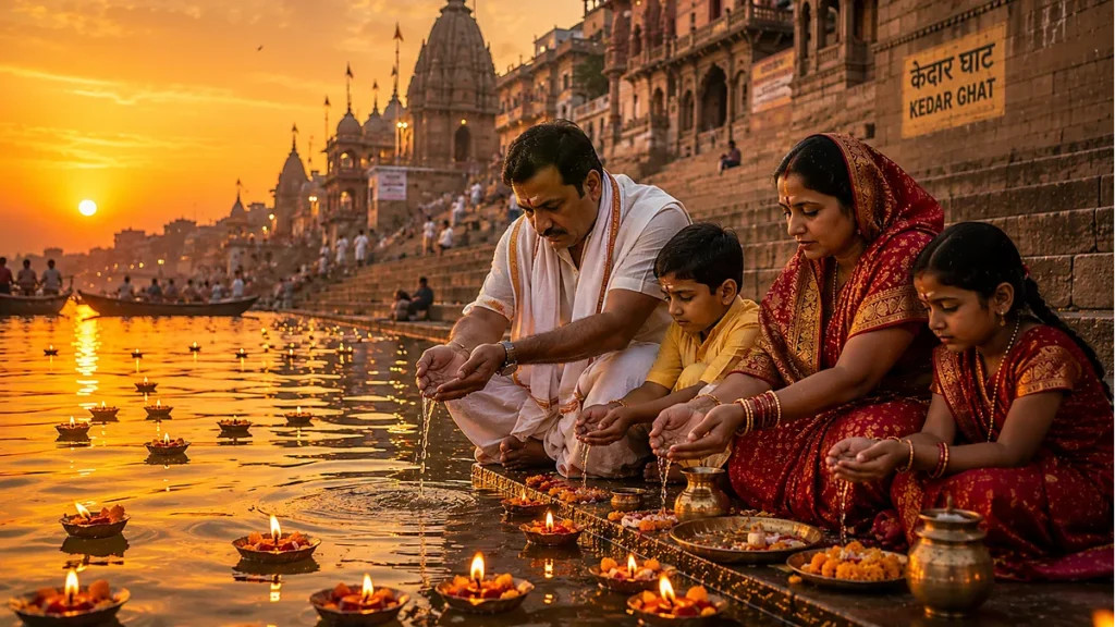 Tarpana ritual at Kedar Ghat Varanasi — Hindu family performing ancestral water offerings at sacred Ganges ghats at sunset with floating diyas