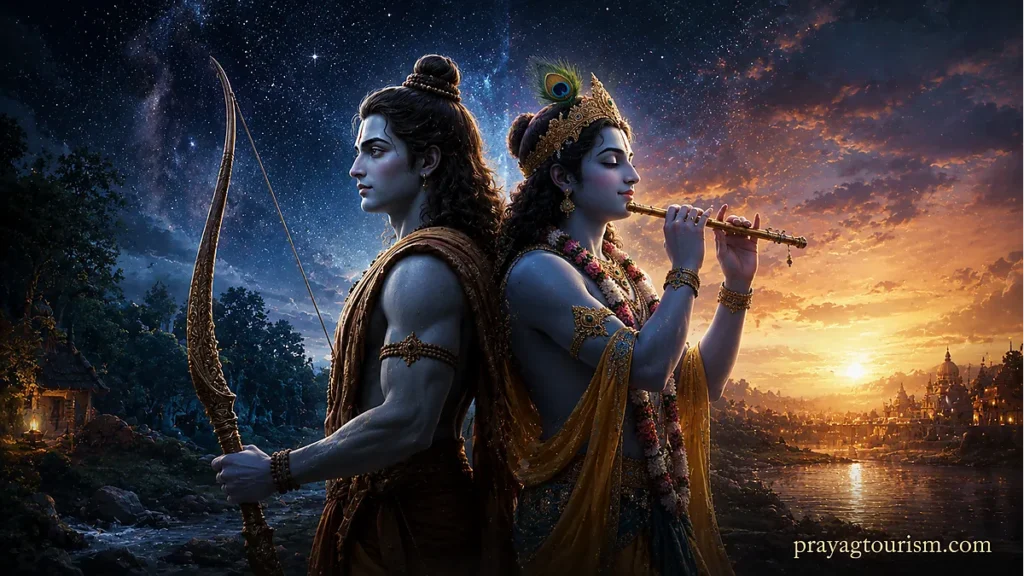 Rāma on one side, austere and regal, holding His bow in forest garb; Kṛṣṇa on the other