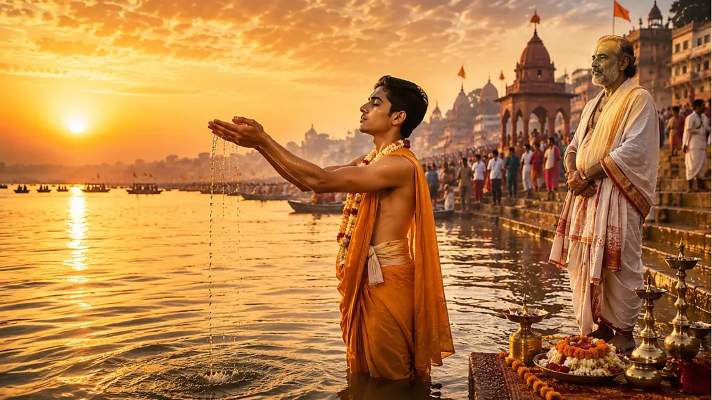 Samavartana graduation samskara — Hindu student's ritual bath at Triveni Sangam Prayagraj Allahabad after completing Vedic education under guru