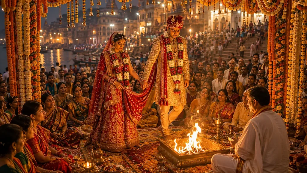 Saptapadi seven steps around sacred fire — Hindu Vivaha wedding ceremony rite of passage at Ganges ghats Prayagraj Varanasi